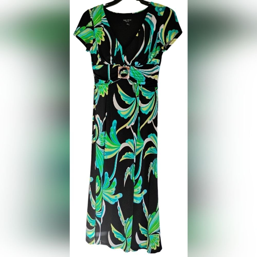 Perceptions New York Vtg Dress Maxi Sz 8 Black Tropical Green Slip Over N-3